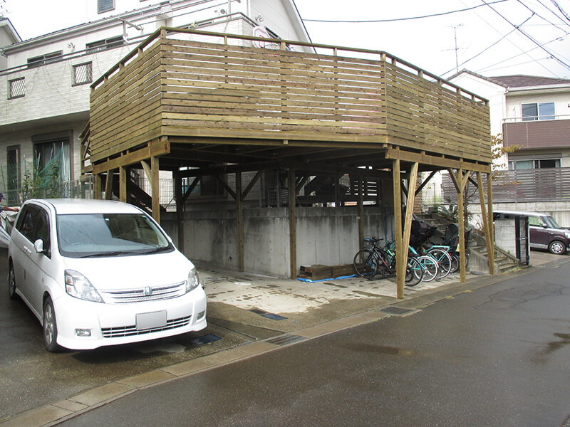 千葉県市川市の車庫上・ガレージウッドデッキ施工例1